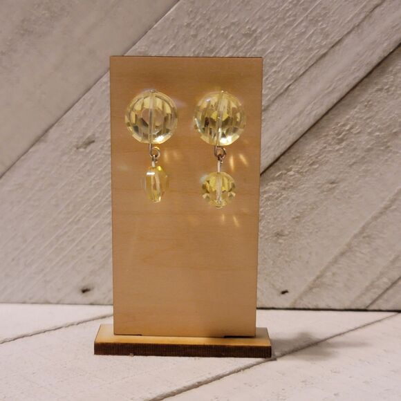 Yellow Aurora Borealis Drop Earrings - Vintage Faceted Bead Dangle Jewelry - Picture 2 of 2